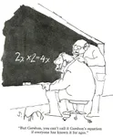 A comic panel by American cartoonist Sidney Harris. Two mathematicians examine a blackboard with a single equation on it: 2x * 2 = 4x. One mathematician says, “But Gershon, you can't call it Gershon's Equation if everyone has known it for ages.”